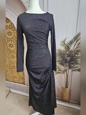 SHEIN Black Sparkle Long-Sleeve Ruched Midi Dress